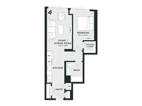 A black and white image of a floor plan for a one bedroom apartment.